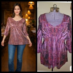 Apt 9 Womens Tunic Casual Pink/Red Paisley Print Top Blouse Size XL●